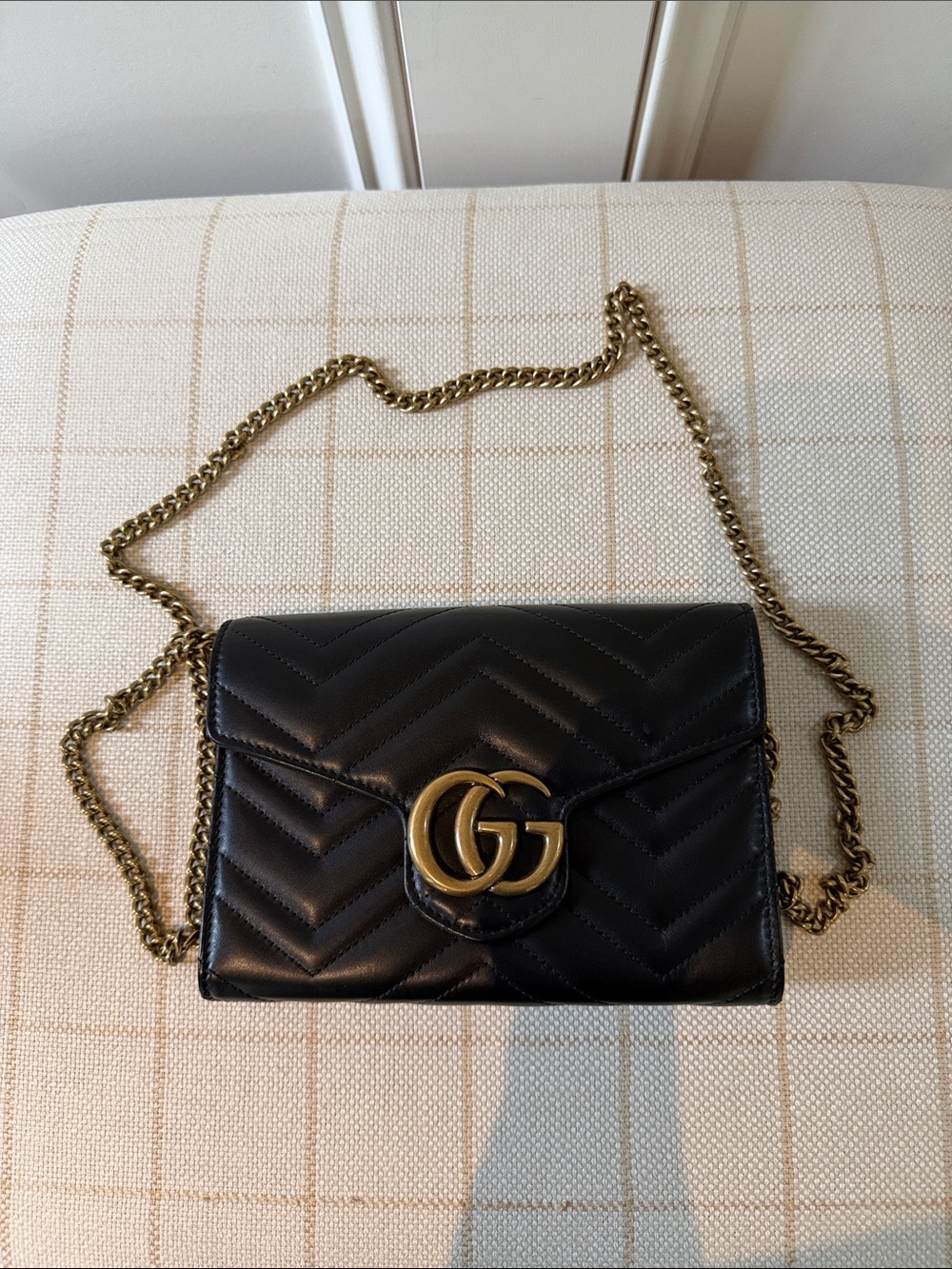 Gucci Black Chevron GG Marmont Small Shoulder Bag with Gold Hardware